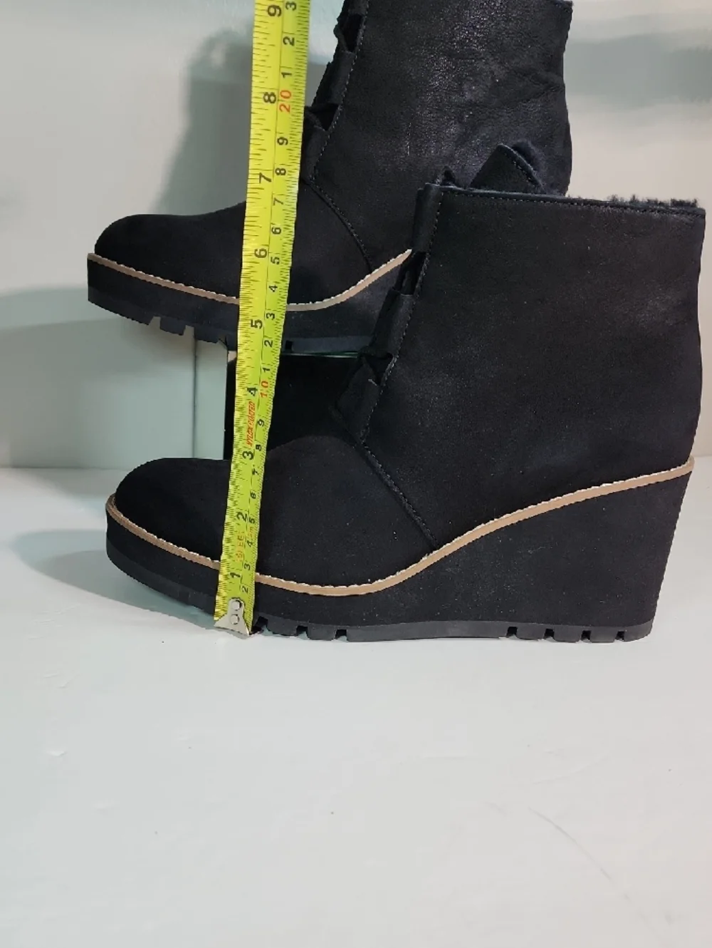 Eileen Fisher Black Lace-Up Wedge Ankle Boot with Contrast Trim